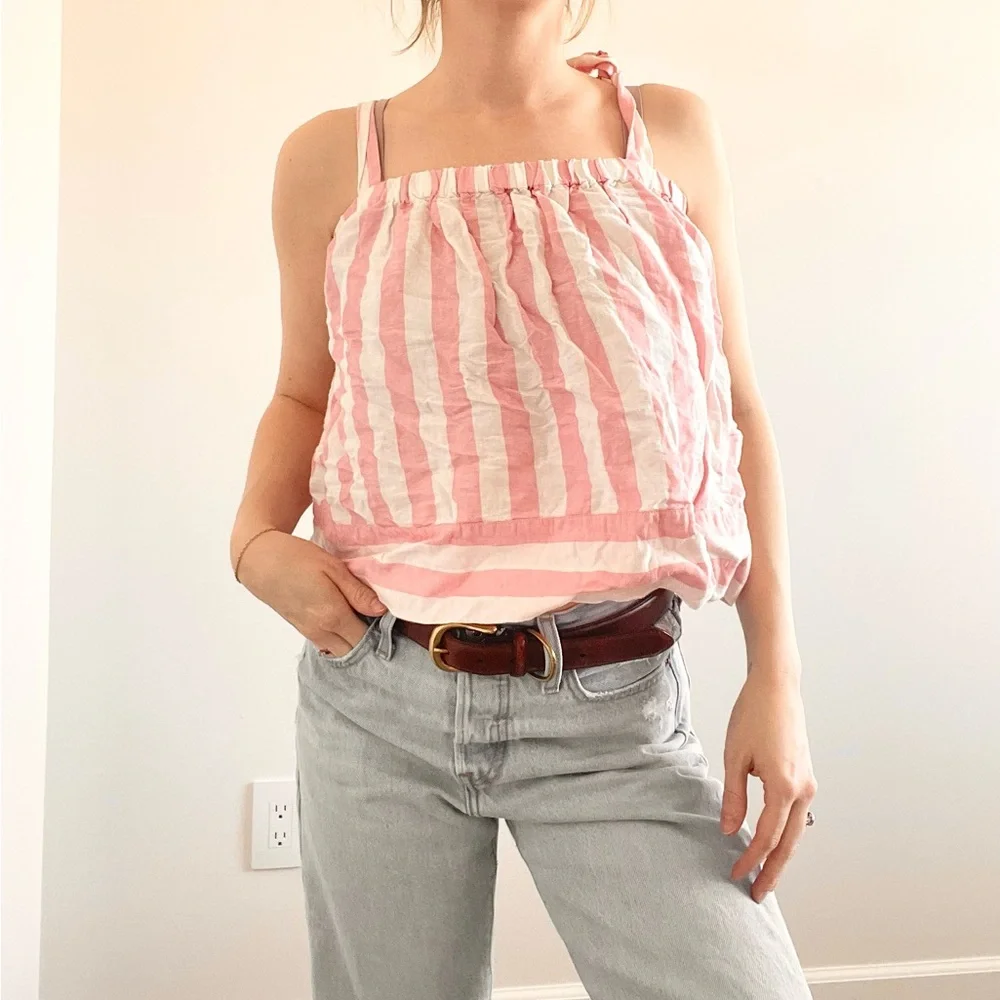J.Crew Pink Striped Linen Tie Strap Tank Top